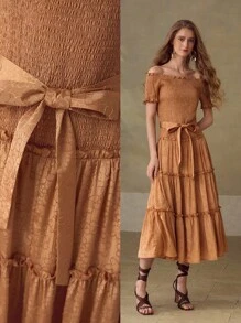 MOTF PREMIUM VESTITO MIDI A SPALLE SCOPERTE DA DONNA IN JACQUARD, ROMANTICO, PER VACANZE E APPUNTAMENTI - Cachi - Visualizzare 7