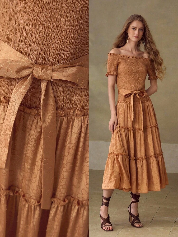 WOMEN'S ROMANTIC JACQUARD VACATION & DATE OFF SHOULDER MIDI DRESS