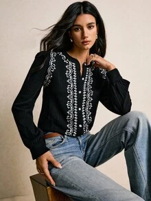 Poéselle 女士优雅花卉印花泡泡袖单排扣衬衫、波西米亚风复古印花、长袖衬衫、波西米亚风格女式衬衫、长袖衬衫、秋季女式衬衫、西部上衣、女式衬衫和衬衫、纽扣衬衫、波西米亚风衬衫 - 黑色 - 查看 4