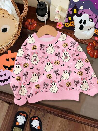 Baby Girl Magic Pink, Halloween Pumpkin, Coquette Ghost, Coquette Bow, Trick Or Treat, Spooky Cute, Casual Minimalist Comfortable Soft Crew Neck Pullover Sweatshirt, Autumn For, Easy Comfort, Autumn, Stylish, Casual Wear, Suitable For Outings, Street Style, Home, Parties, Picnics, Gatherings Fall Winter
