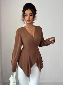 Elenzga Camisa elegante francesa de mujer con cintura ceñida y mangas largas, blusa elegante y con estilo - Café integral - Ver 6
