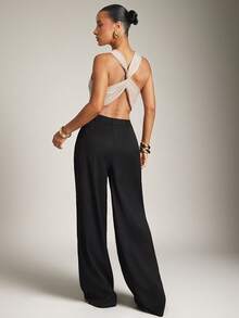 Hauture Old Money Sexy Business Casual High Waist Pleated Wide Leg Pants – Elegant Solid Color Loose Trousers, Professional Office Wear, Chic Tailored Work Pants For Women - Black - View 2