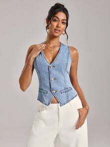 SHEIN Tall 女士休闲纽扣无袖牛仔背心 - 藍色 - 查看 4