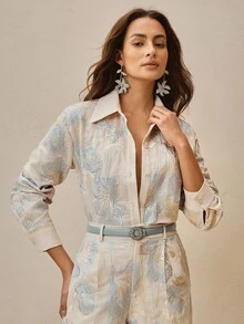 Anewsta Floral Embroidered Beaded Oversized Dropped Shoulder Long Sleeve Shirt - Baby Blue - View 6
