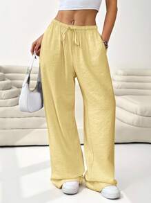 SHEIN EZwear Yellow Casual Loose Waist-Tie Plus Size Women Long Pants, Spring/Summer - Yellow - View 7