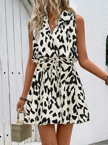 SHEIN PETITE Women's Leopard Print Wrap Front Sleeveless Casual Dress - Apricot - View 5