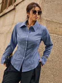 Easura Plus Size Striped Print Buttoned Front Fitted Long Sleeve Shirt Fall Cloth For Women - Multicolor - View 5