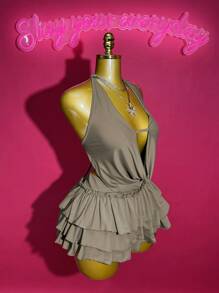 Slaydiva 2 Pieces Set: Sleeveless V-Neck Halter Top + Ruffled Mini Skirt With Bow Decoration, Chic Streetwear Outfit, Suitable For Music Festival, Easter, Graduation Season, Casual Wear, 2025 Spring/Summer New Arrival - Khaki - View 7