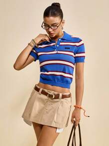 Muvela Áo thun polo sọc xanh đỏ giản dị mùa hè dành cho nữ, Áo thun tay ngắn cài nút, trang phục mùa hè dành cho nữ - Nhiều màu - Xem 4
