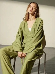 Aveloria Modichic 2pcs Women's Casual Loose Linen Feel Wrap V-Neck Long Sleeve Top And Pants Set