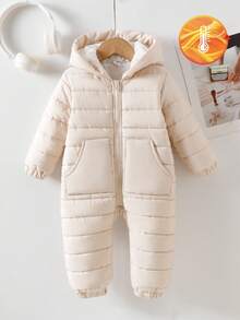 SHEIN 女婴保暖休闲可爱保暖连帽拉链长袖连体衣，冬季宝宝连体衣，新生儿秋季冬装