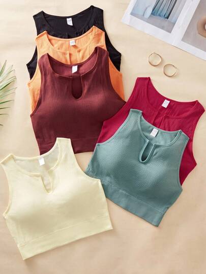 SHEIN 6 件女式纯色无袖缺口领口罗纹休闲舒适背心套装女式夏季上衣罗纹背心锁孔背心短款背心无袖夏季上衣，健身