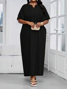 SHEIN Lady Váy dạ hội tay ngắn màu xanh huỳnh quang cỡ lớn dành cho nữ, váy dài thướt tha, váy tắm cô dâu đi biển, váy dài ôm dáng cho nữ - màu đen - Xem 3