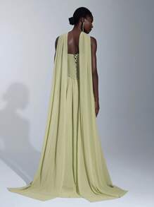 Elitara 优雅奢华手工水钻装饰露肩荷叶边性感弹力针织拼布雪纺长裙，适合婚礼、派对、单身活动、度假、舞会、晚礼服 - 草綠色 - 查看 3