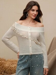 Anewsta Pulover elegant și versatil pentru femei, bej, cu ținte, cu umeri goi, toamnă/iarnă - Bej - Vizualizare 5