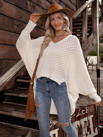  LanaWest Women's Western Style Casual Hollow Out Batwing Sleeve Vacation V-Neck Sweater Fall Winter Cloth For Women