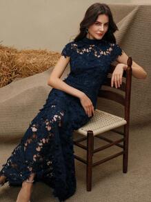 Anewsta Navy Blue Elegant Embellished Party Mermaid Hem Short Sleeve Dress