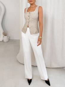 Lavishia Apricot Linen-Like Sleeveless Fitted Blouse, Suitable For Daily Commute And Work, Summer Business Women Attire Business Casual Woman Summer Outfits For Women Business Casual Woman Work Clothes Women Teacher Outfits For Women Work Outfits For Women  Teacher Outfits For Women Office Outfits For Women Work Clothes Women Business Casual Woman Classy Top Womens Sleeveless Top Button Down Vest