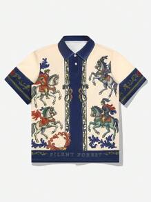 ROMWE MEN Men's All-Over Print Button Vintage Casual Short Sleeve Polo Shirt - Multicolor - View 1