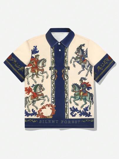 ROMWE MEN Casual 男式全印花纽扣复古休闲短袖 Polo 衫