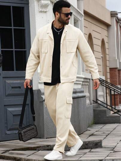 Manfinity Homme Conjunto de chaqueta y pantalones de trabajo de unicolor para hombres de talla grande, ropa de otoño