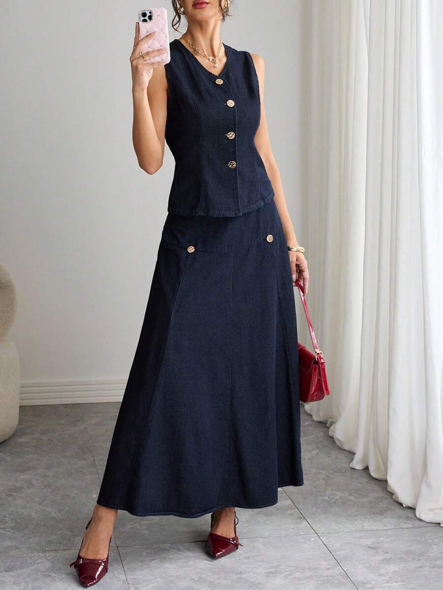 Elenzga 立领纽扣水洗牛仔衬衫 - 深色水洗藍 - 查看 1