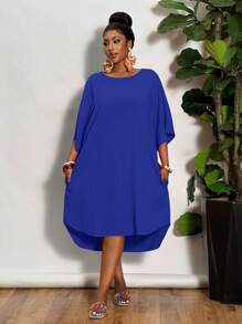 Slaydiva 2025 Novo Conjunto Rave/Páscoa Mulheres, Estilo Old Money Mulheres, Conjunto de Concerto Country, Conjuntos para Sair, Fairycore, Conjuntos de Festival, Roupas de Férias Tropicais Mulheres, Conjuntos de Verão para Mulheres, Verão, Rave, Verão Europeu, Conjuntos de Primavera, Vestuário Ocidental Mulheres Plus, Concerto, Conjunto de Formatura, Versátil Diário Simples Casual Básico Sexy/Minimalista Plus Size, Vestuário Ocidental Mulheres Plus, Vestido Curto de Manga Curta Cor Sólida Casual - Azul - Visão 4