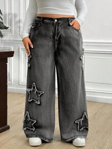 Truni Awkwardfatgirl Plus Size Women Frayed Edge Star Pockets Wide Leg Loose Casual Jeans, For Pear Triangle Body Shape - Black - View 4