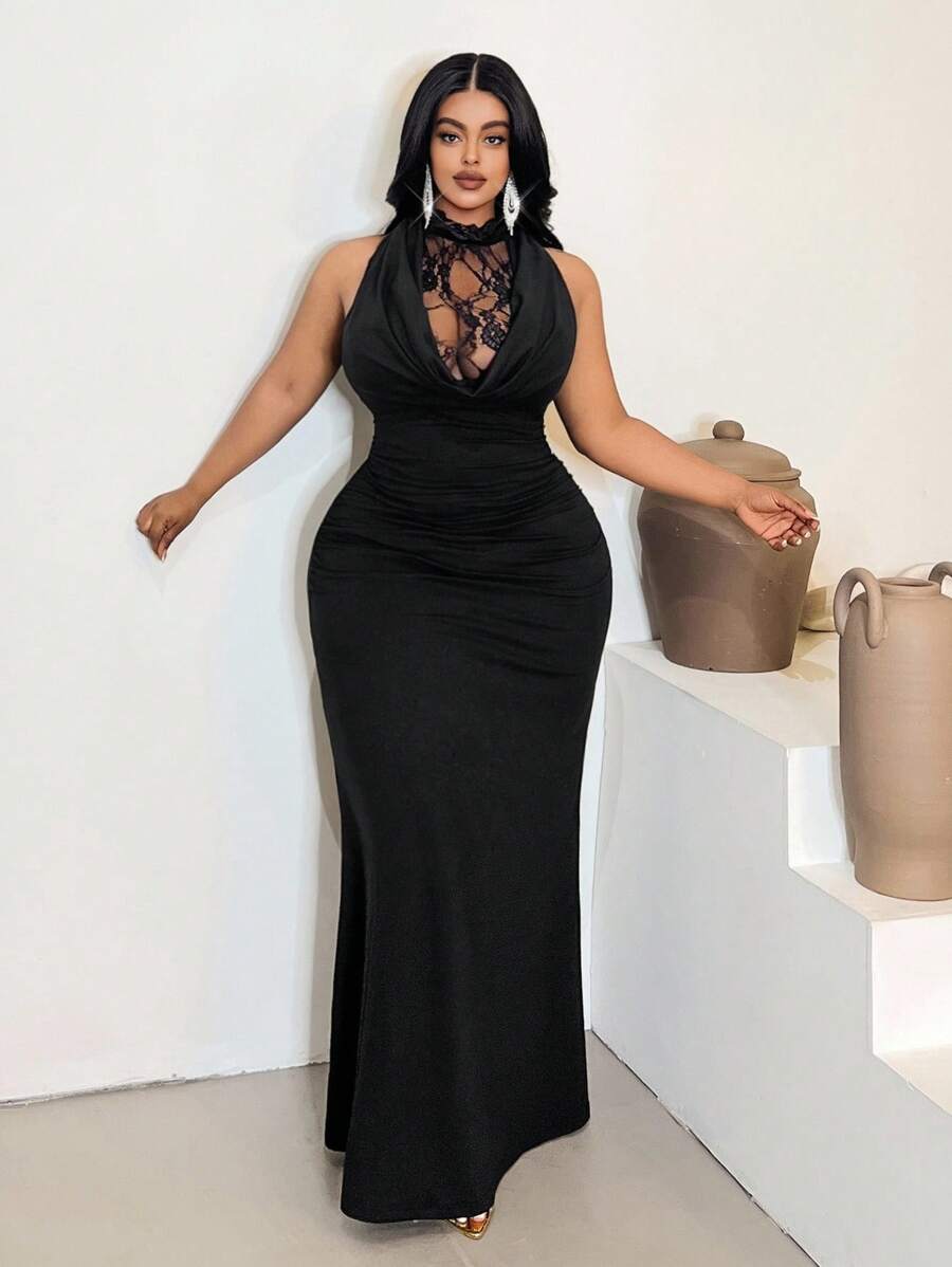 Maweii 2025 Damen Große Größen Elegantes, sexy Kleid mit tiefem Ausschnitt, ärmellos, einfarbig, figurbetonter Fischschwanz-Schnitt, vielseitig für Party, Date, Anlässe - Schwarz - Übersicht 1