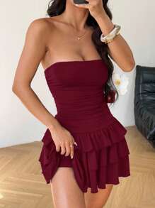 SHEIN EZwear Knitted Fabric A-Line Sleeveless Mini Dress In Burgundy Tube Top Dress Ruffle Dress,Party Dress
