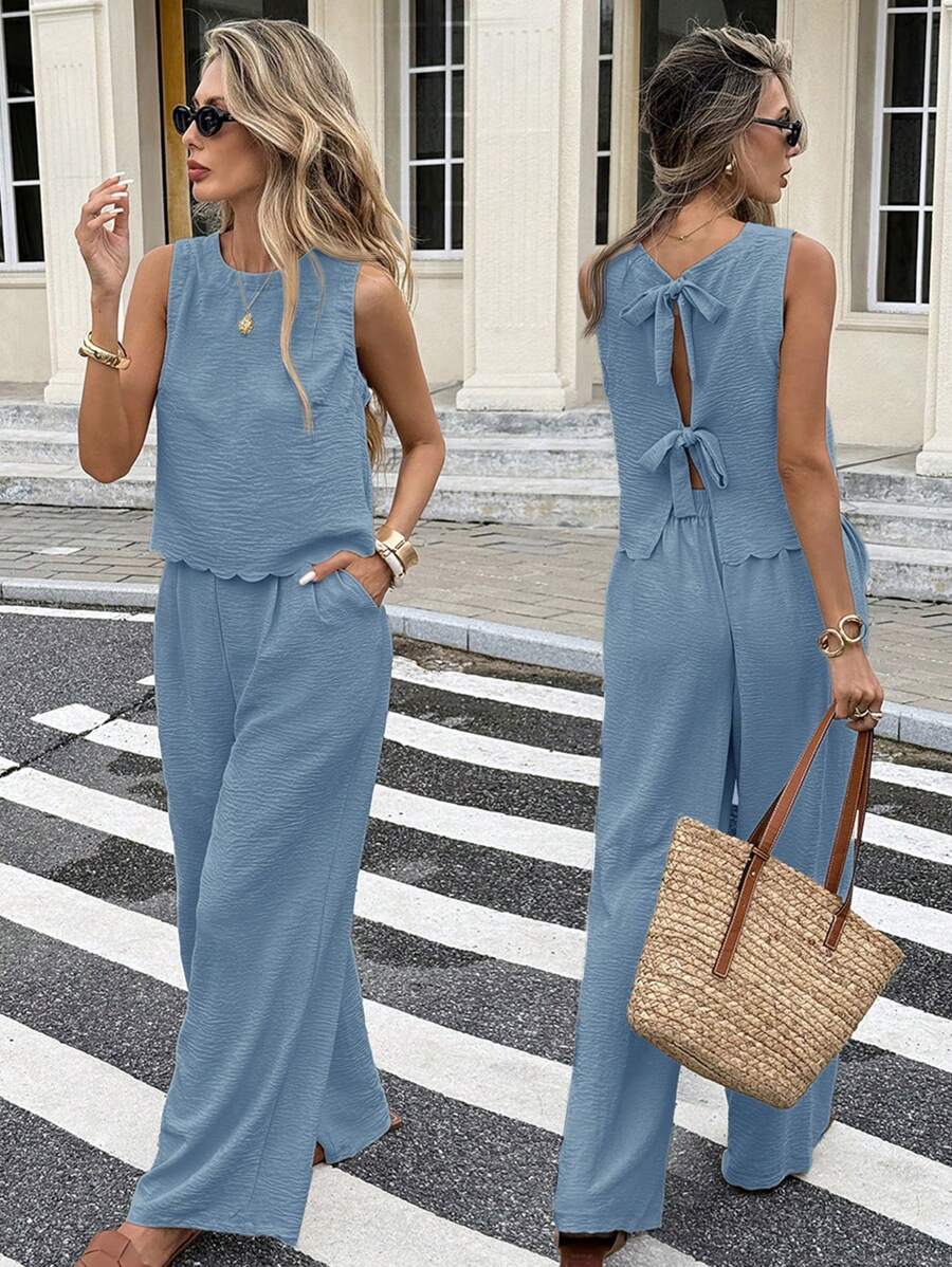 Serisse 2pcs Women Vacation Casual Solid Color Backless Tank Top And Pants Set Island Vacation Outfits Summer - Dusty Blue - View 1