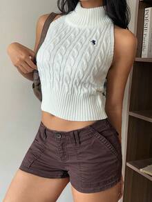 SHEIN EZwear 女士时尚扭纹针织高领无袖露背上衣 - 白色 - 查看 3
