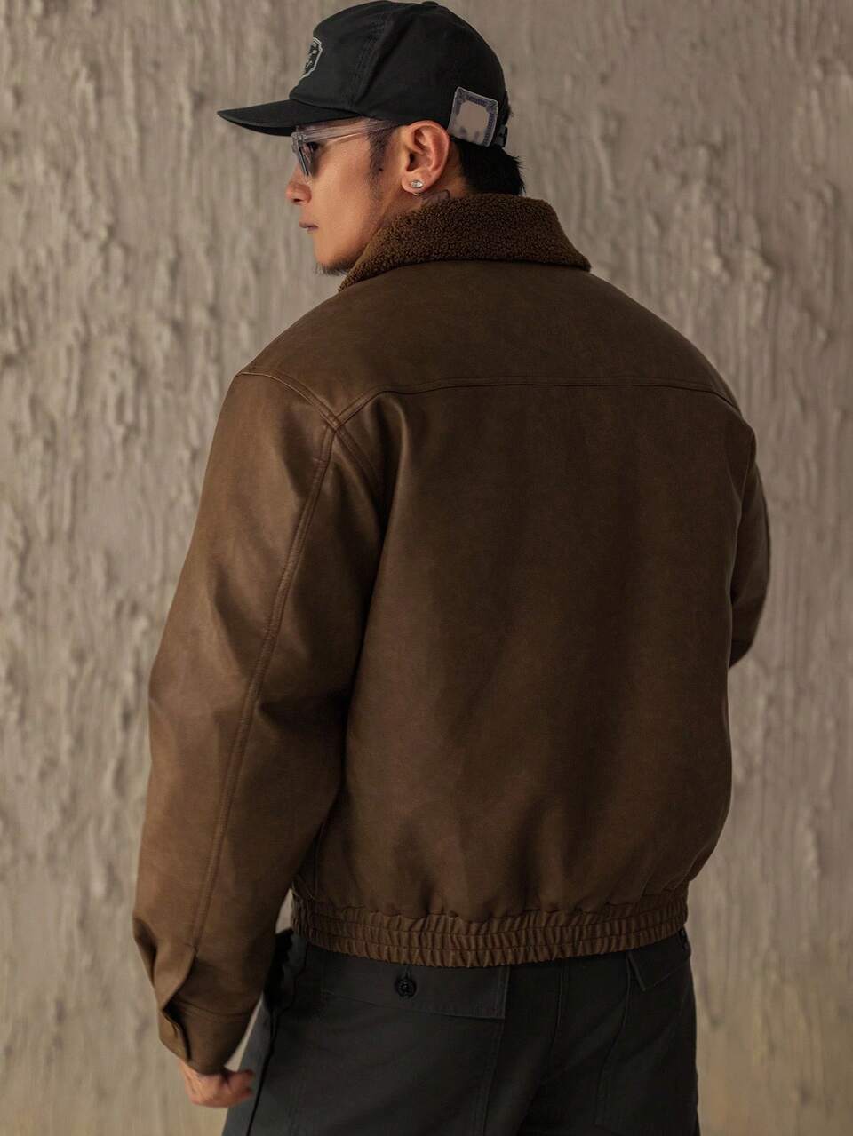 Men's Brown Leather Patchwork Collar Thick Insulated Jacket, Winter