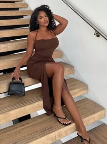 Alexandranx Women's Sexy Split Twist Knot Strapless Cropped Top & Skirt Set, Spring/Summer - Brown - View 1