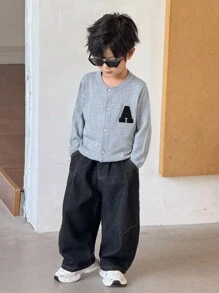 SHEIN Little Byeori Young Boys' Casual Embroidered Patch Knit Cardigan,In Fall/Winter - Grey - View 4