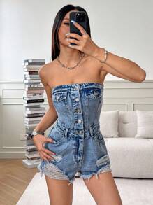 SHEIN PETITE Women's Simple Daily Blue Denim Jumpsuit - Light Wash - View 1