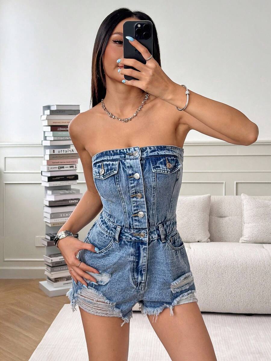 SHEIN PETITE Women's Simple Daily Blue Denim Jumpsuit - Light Wash - View 1