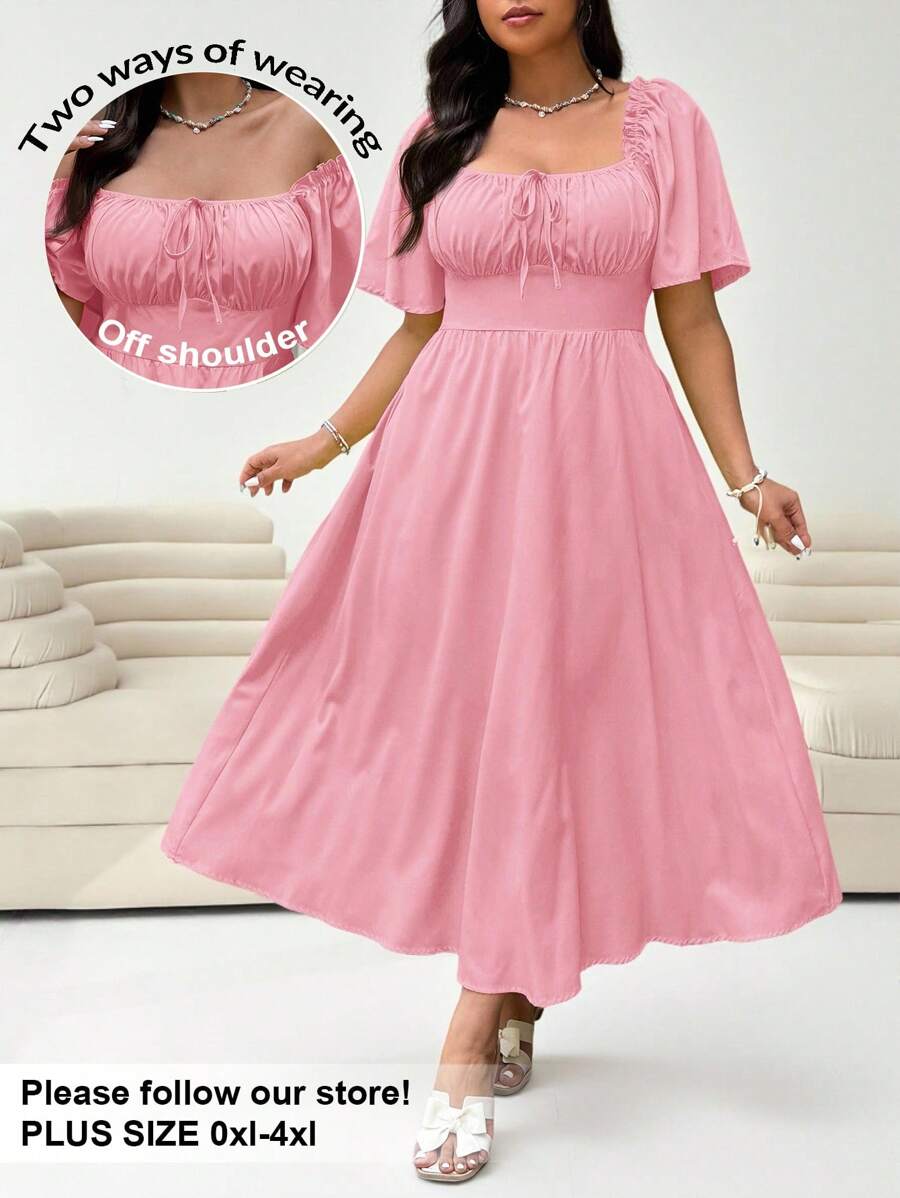 Solflare Váy dài tay ngắn màu hồng cỡ lớn, mùa xuân/hè - Hồng - Xem 1