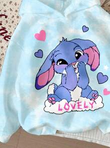 SHEIN Leap Crew 少女可爱卡通蓝色兔子图案，清新天蓝色扎染，休闲简约卡通图案宽松圆领长袖卫衣，适合秋冬季节穿着，舒适百搭，可叠穿，时尚休闲，图案精美，适合返校、秋季和返校季穿着。 - 彩色 - 查看 3