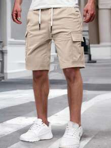 Manfinity Homme 男式纯色松紧腰带口袋工装短裤 - 杏色 - 查看 3