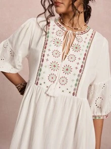 SHEIN VCAY Plus Size Embroidered Dress, Casual Holiday Style Dresses For Women Elegant Going Out Outfits Date Night Outfits Women Flowy Dress Winter Dress School Teacher Outfits For Women Western Vintage Winter Fall Clothes Plus Size Boho Old Money Winter Outfits For Women