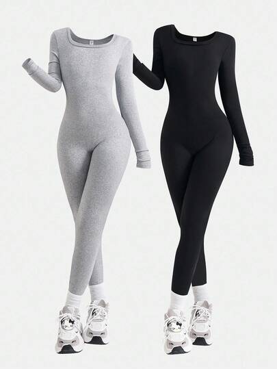 Set de 2 piezas Preadolescente Niñas Casual Básico Deportivo Calle Yoga Cuello Cuadrado Manga Larga Mono Conjunto Elegante para Otoño/Invierno