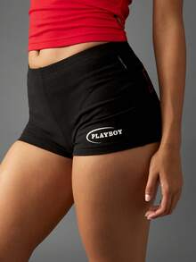 Missguided x Playboy Stretchy Booty Shorts Mid Rise High Cut Practice Biker Shorts Y2K Fashion Retro Style Dance Bottoms - Black - View 4