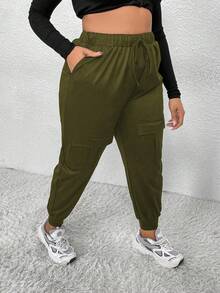 EMERY ROSE Plus Size Solid High Waisted Drawstring Hem Cargo Pants - Green - View 7