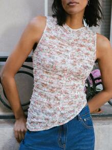 SHEIN Unity Floral Pring Lace Ruched Sleeveless Summer Top With Asymmetric Hem Cute Summer Top Back To School Top - Multicolor - View 4