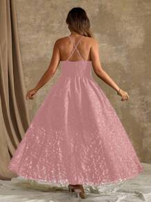 Roveilla 露肩、婚礼宾客、毕业典礼、浪漫、晚会、正式女士连衣裙、生日派对、优雅、夏季女士服装、鸡尾酒会迷你连衣裙、时尚优雅简约穿孔纹理细肩带长裙、性感紧身腰部修身优雅连衣裙 - 藕粉色 - 查看 2