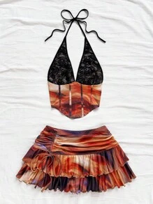 Soleia New Gradient Printed Halter Backless Crop Top & Mini Skirt 2 Pieces Set, Perfect For Beach Vacation Sunset Colors Outfit, Desert Outfit, Havana Nights Outfit, Tequila Sunrise Outfit, Coastal Cowgirl Outfit - Multicolor - View 7