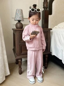 SHEIN 女宝宝时尚休闲长袖高领外套和宽松长裤全套，适合日常穿着、郊游、校园、公园、游乐园