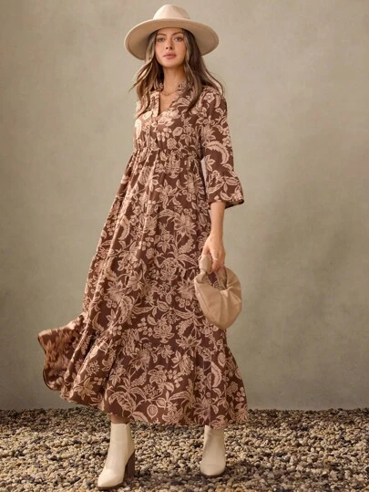 Wildy 豹纹中袖宽松休闲舒适女式长裙，修身棕色碎花长裙，长款碎花裙，波西米亚风长裙，棕色休闲连衣裙，女式碎花裙，乡村风服装，女式西部服装，棕色长裙，休闲长裙，度假风休闲装，春季浪漫感觉