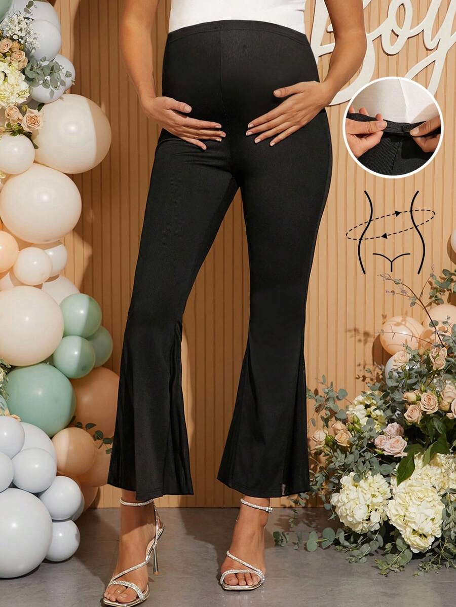Loomaby Quần ống loe thanh lịch màu trơn có thể điều chỉnh cho phụ nữ mang thai - màu đen - Xem 1